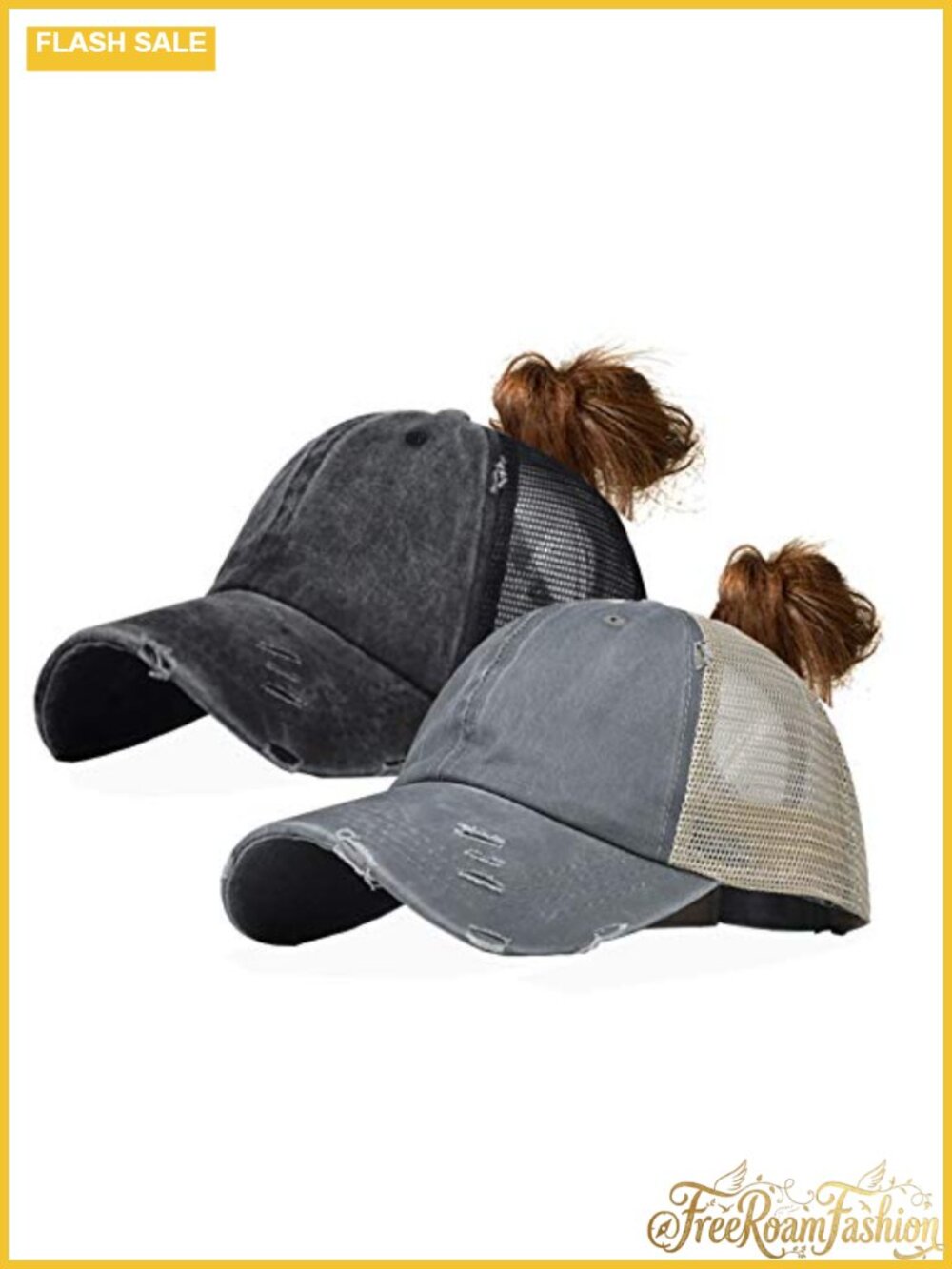 Distressed Ponytail Baseball Cap Mesh Back Washed Vintage Messy Bun Pony Hat